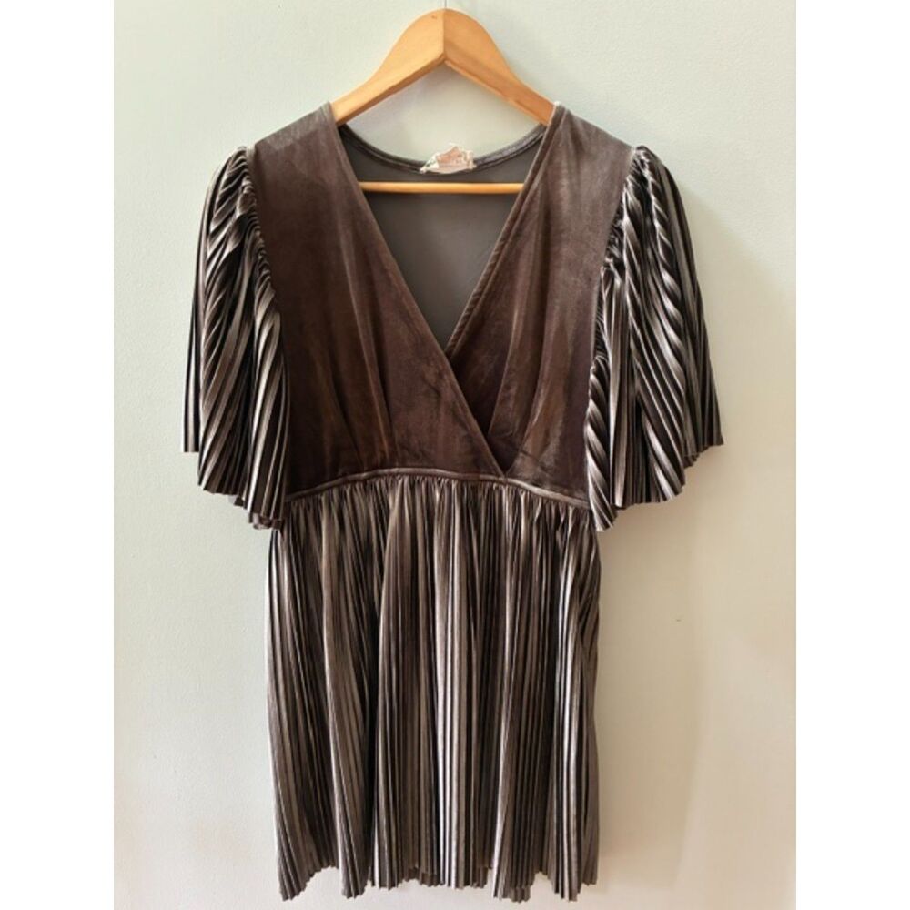 Loveriche Metallic Taupe Velvet Faux Wrap Pleated Dress Size Small